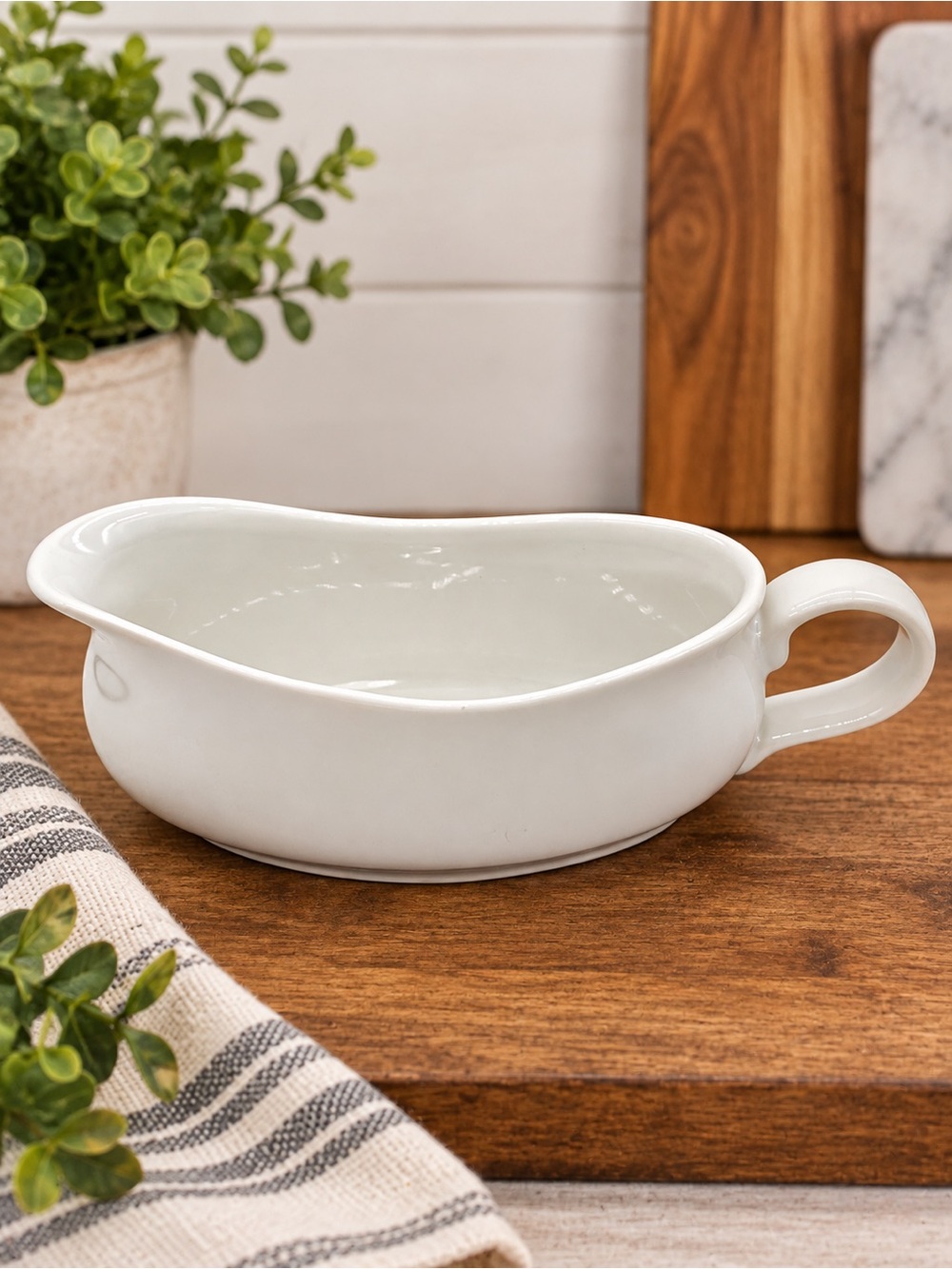 White Ceramic Gravy Boat with Handle Classic Farmhouse Serving Dish